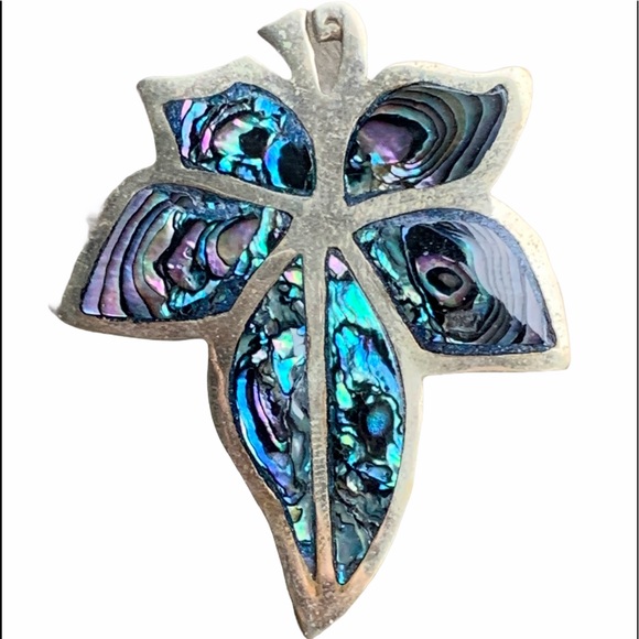 VINTAGE MEXICO ALPACA SILVER ABALONE LEAF PIN